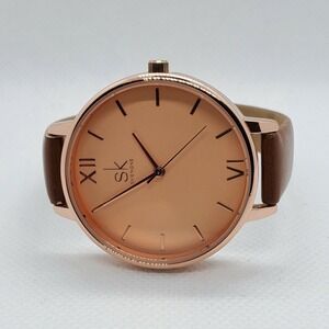Women's Watch 38MM Rose Gold Tone Dial‎ Case Brown Leather Band New Battery